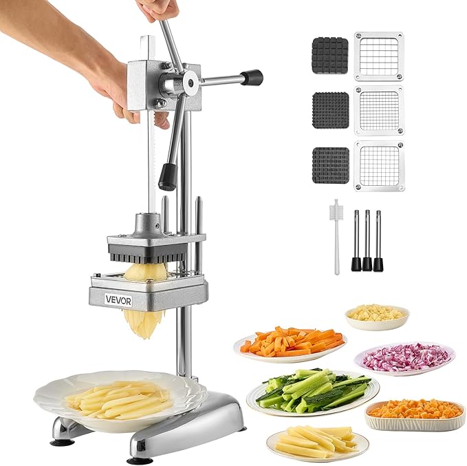VEVOR Commercial French Fry Cutter, Stainless Steel Vegetable Fruit Chopper with 3 Replacement Blades 1/2-Inch 3/8-Inch 1/4-Inch, Manual Potato Slicer Dicer for Restaurants & Home Kitchen