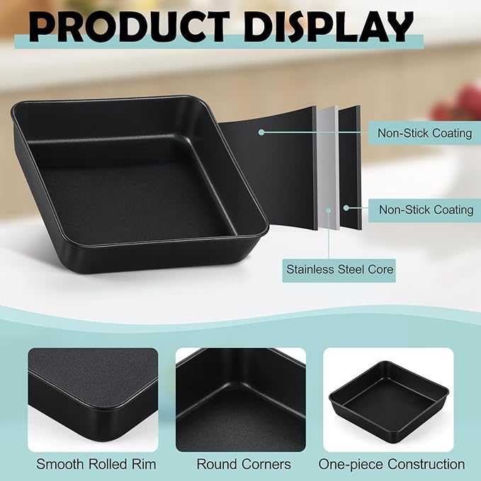 TeamFar Square Cake Pan, 6 inch Small Baking Roasting Pans with Stainless Steel Core & Nonstick Coating, for Making Cakes Brownie Lasagna, Non-toxic & Sturdy, Oven Safe & Easy to Clean – Set of 2