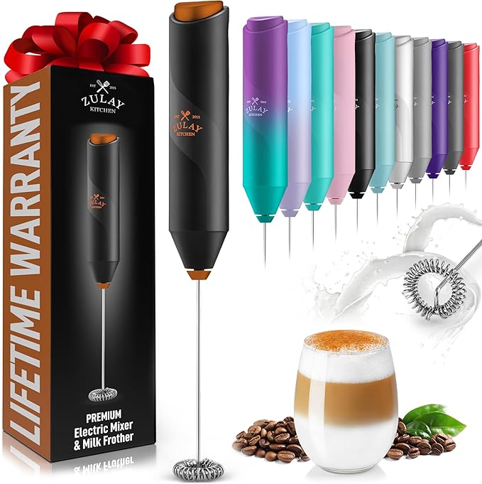 Zulay Kitchen FrothMate Powerful Milk Frother Portable & Compact Handheld Foam Maker Lattes, Cappuccinos (Black with Copper, Froth Mate)