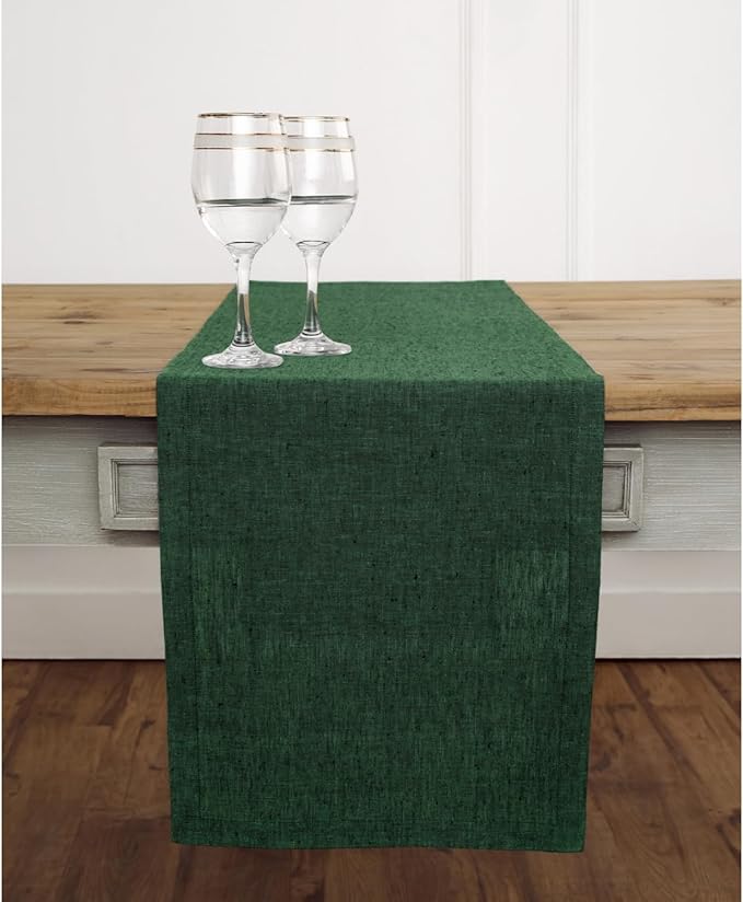 Solino Home Linen Table Runner 48 Inches - 100% Pure Linen Forest Green Table Runner 14 x 48 Inch Ideal for Dresser and Coffee Tables - Athena