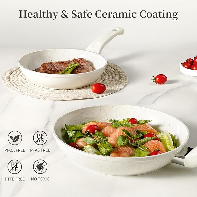 Innerwell Ceramic Frying Pan Set, Set of 3 Non Stick Frying Pans, White Ceramic Induction Cookware, Nonstick Skillet Omelette Egg Frying Pan Set, kitchen Cooking Pan Set, PFOA&PFAS Free