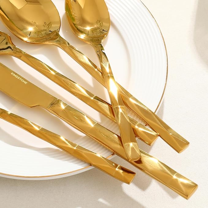KINGSTONE Gold Silverware Set, Luxury 60 Piece Flatware Set for 12, 18/10 Stainless Steel Cutlery Set with Diamond Cut Pattern for Kitchen, Home, Wedding, Party, Mirror Polished and Dishwasher Safe