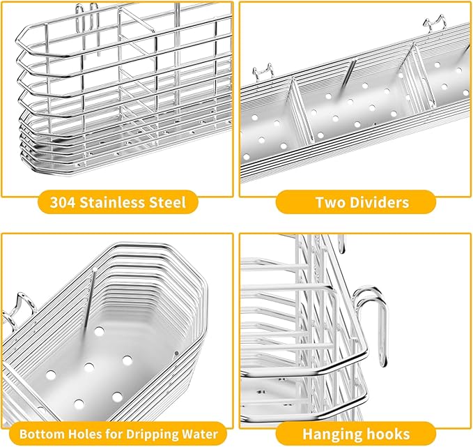 JAQ Utensil Holder for Sink, Sus304 Stainless Steel Rust Free Silverware Cutlery Flatware Holder Rack Organizer with Hooks for Dish Drying Rack Sink Dish Drainer in Kitchen Bathroom
