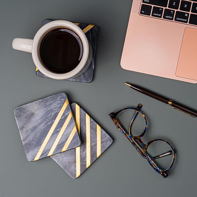 Cork & Mill Grey Marble Coasters Set of 6 - Real Natural Stone Gray and Black Coasters for Drinks - Luxury Gold Aesthetic - Modern Coffee Table Decor - Semi Absorbent Stone