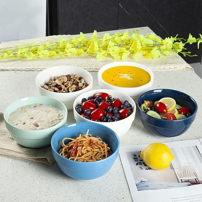 HAPPY KIT 6inch Ceramic Soup Bowls, Cereal Bowl Set of 6, 24OZ for Kitchen, Cereal Soup Rice Pasta Salad Oatmeal, Thick-edge Non-slip Design