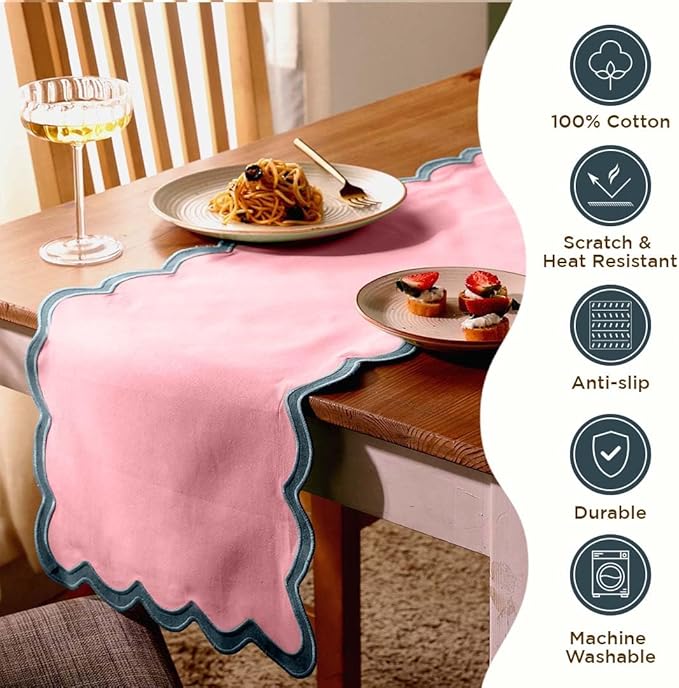 Folkulture Table Runner | Table Runners 90 inches Long | Scallop Table Runner for Farmhouse Decor or Boho Decor | Boho Pink Table Runners for Dining Room Table Decor | Pastel Party Decorations