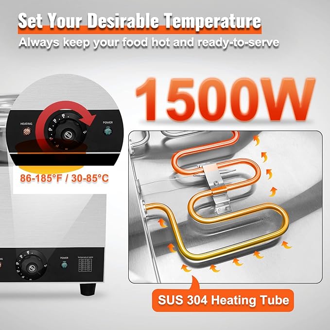 VEVOR Electric Soup Warmer, Four 7.4QT Stainless Steel Round Pot 86~185°F Adjustable Temp, 1500W Commercial Bain Marie with Anti-Dry Burn and Reset Button, Soup Station for Restaurant, Buffet, Silver