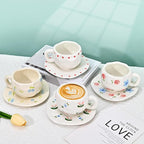 Koythin Ceramic Coffee Mug with Saucer Set, Cute Creative Fresh Fruit Cup Unique Irregular Design for Office and Home, 10 oz/300 ml for Latte Tea Milk