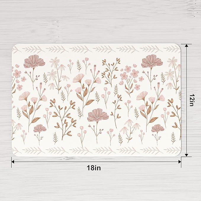 QIYI Placemats Set of 4, 12x18 Inch PU Leather Place Mats for Kitchen Dinning, Heat Resistant Anti Slip Floral Table Mats, Waterproof Wipeable Washable Placemat Party Beige Table Décor, Pink Flowers