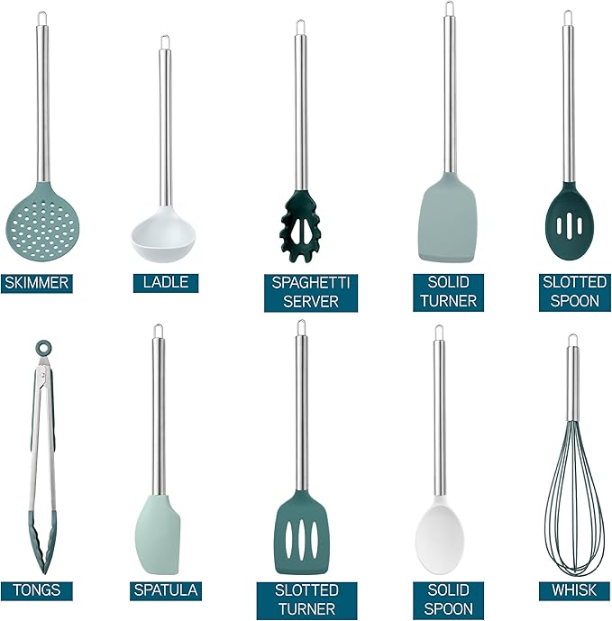 COOK WITH COLOR Silicone Cooking Utensils, Kitchen Utensil Set, Easy to Clean Silicone Kitchen Utensils, Cooking Utensils for Nonstick Cookware, Kitchen Gadgets Set, 10 Pieces, Teal