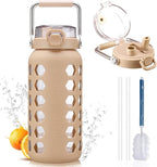 MUKOKO 64oz Glass Water Bottles with Straw and Lid,Half Gallon Water Bottle with Time Marker,Large Glass Water Jug with Silicone Sleeve and Stainless Steel Handle-Amber