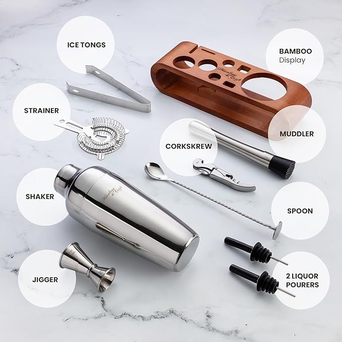 Mixology & Craft Bartender Kit: 10-Piece Cocktail Shaker Set with Dark Bamboo Stand | Complete at Home Bar Set with Bar Accessories | Great Housewarming Gift | Leak-Proof Design (Silver)