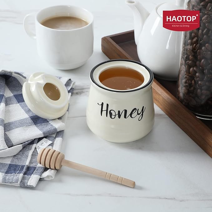 HAOTOP Farmhouse Porcelain Honey Jar with Dipper and Lid Set 12oz,Easy to Clean (Beige)