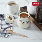HAOTOP Farmhouse Porcelain Honey Jar with Dipper and Lid Set 12oz,Easy to Clean (Beige)