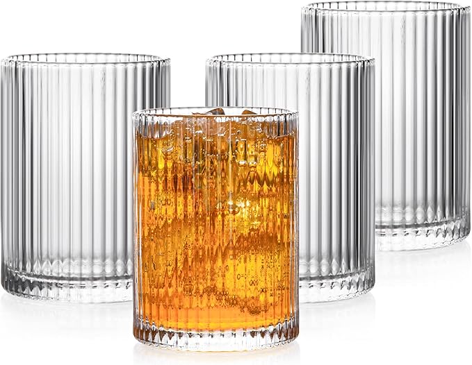 Drinking Glasses with Origami Style Set of 4 Glass Cups, 9oz Ribbed Glassware, Art Deco Drinking Glass, Elegant Ripple Vintage Glassware, Ideal for Cocktail, Whiskey, Soda, Juice