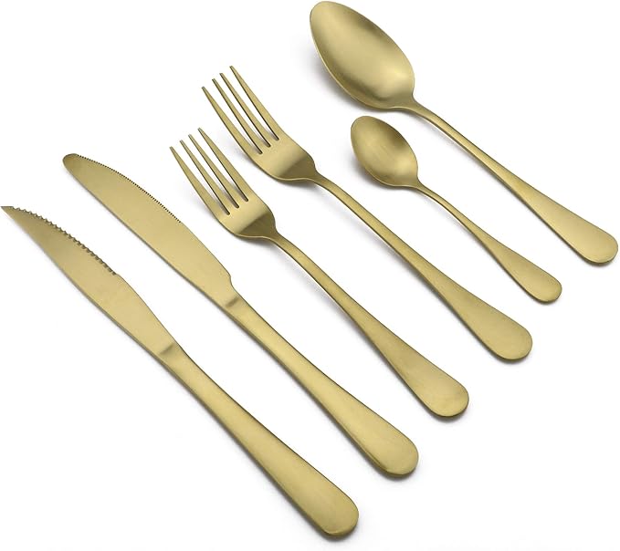 24-Piece Stainless Steel Flatware Set, Matte Gold Finish, Service for 4