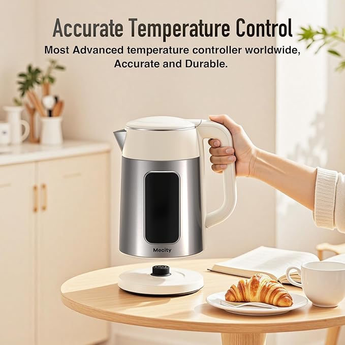 Mecity Electric Kettle 1.7L Touch Screen Temperature Control Water Boiler, No Plastic Contact with Water. 6 Preset Temperature Programs, 2 Hours Keep Warm, Stainless Steel