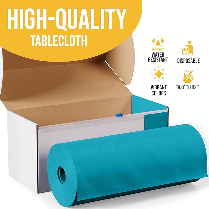 Exquisite Party Solids 54 Inch X 300 Feet Turquoise Plastic Table Cover Roll in A Cut - to - Size Box with Convenient Slide Cutter. Cuts Up to 36 Rectangle 8 Feet Plastic Disposable Tablecloths
