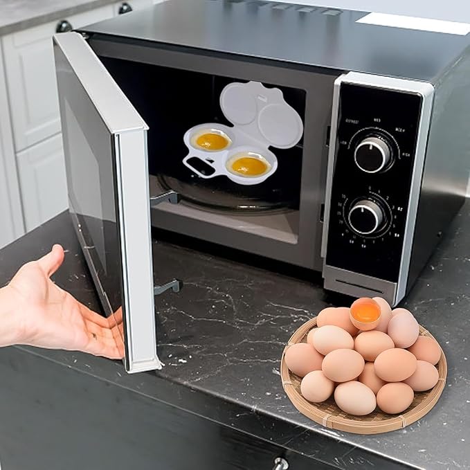 2-Cavity Nonstick Microwave Egg Poacher with Lid -White Plastic Egg Cooker for Perfect Poached Eggs