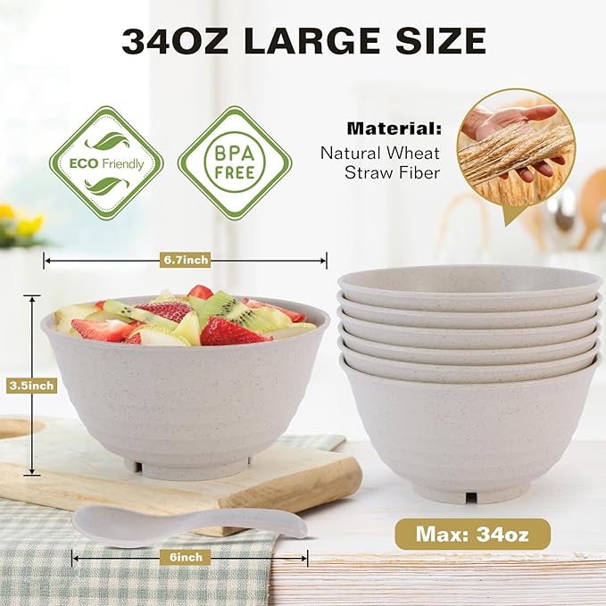 34 Oz Large Cereal Bowls, Unbreakable Wheat Straw Dinnerware Sets with Spoons, White Plastic Soup Bowls Reusable Microwave Dishwasher Safe Set of 6 for Kitchen RV Salad Ramen Ice Cream, Beige