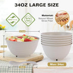 34 Oz Large Cereal Bowls, Unbreakable Wheat Straw Dinnerware Sets with Spoons, White Plastic Soup Bowls Reusable Microwave Dishwasher Safe Set of 6 for Kitchen RV Salad Ramen Ice Cream, Beige