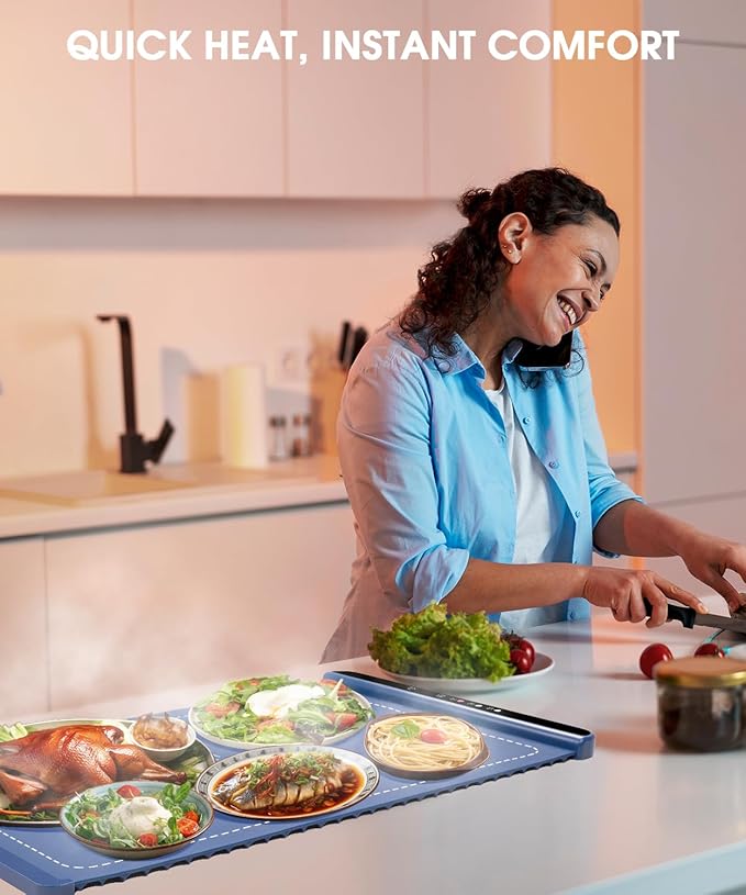 Silicone Electric Warming Tray with 3 Temperature Settings, Rollable Food Warming Mats for Heating，Easy-to-Use Portable Food Warmer for Daily Use - Bright Blue