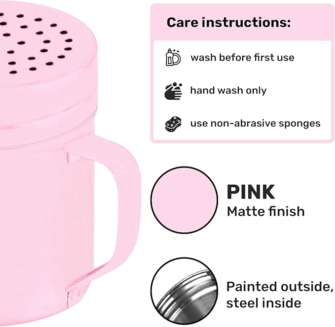 CUSINIUM 10oz Pink Stainless Steel Salt Pepper Dredge Shakers - With Plastic Cap - With Handle - Pack of 2