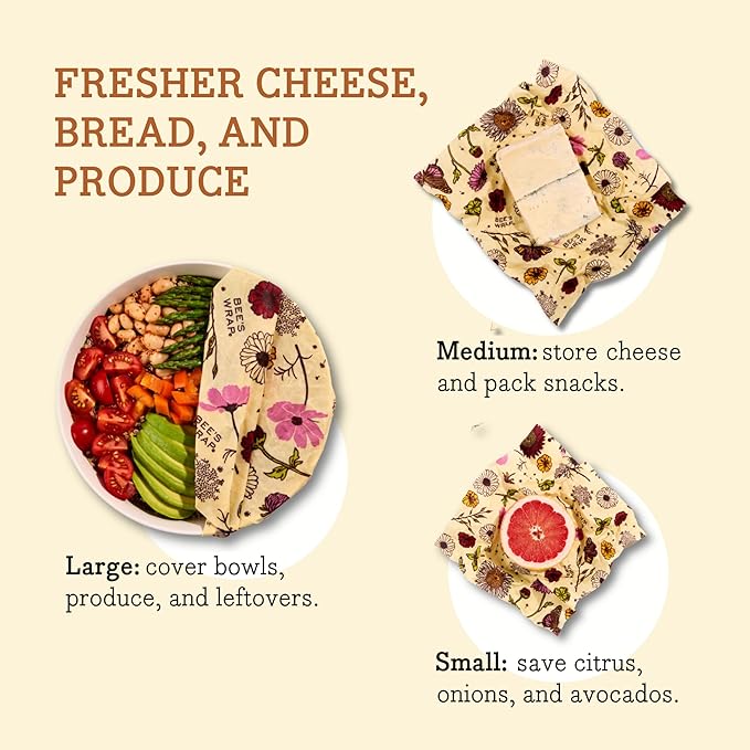 Bee's Wrap Vegan Beeswax Wraps for Food - Vegan Meadow Magic 3 Pack (S, M, L) Made in USA Reusable & Organic Food Wraps, Sandwich Wrap & Bowl Covers - Eco Alternative to Aluminum Foil & Plastic Wrap