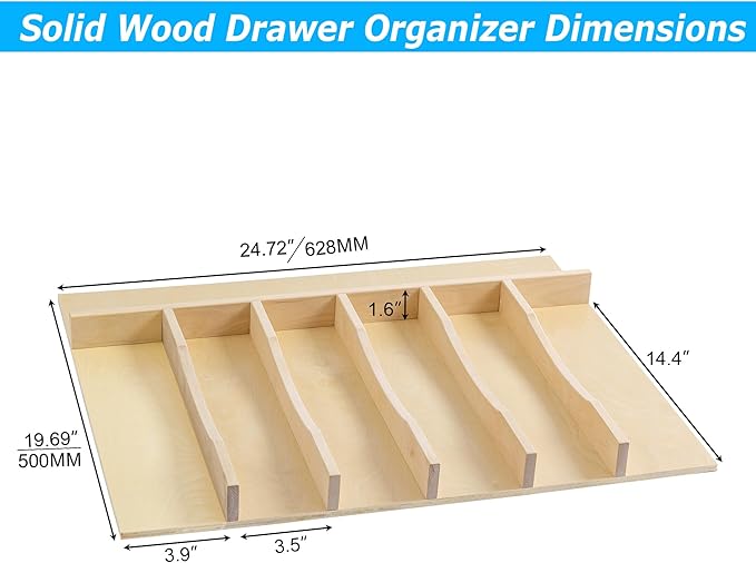 WelFurGeer Solid Birch Wood Silverware Drawer Organizer, Wooden Cutlery Drawer Organizer, Utensil Tray for Kitchen Drawers, Kitchen Utensil Organizer for Silverware, Flatware, Spoons, Forks, Knives