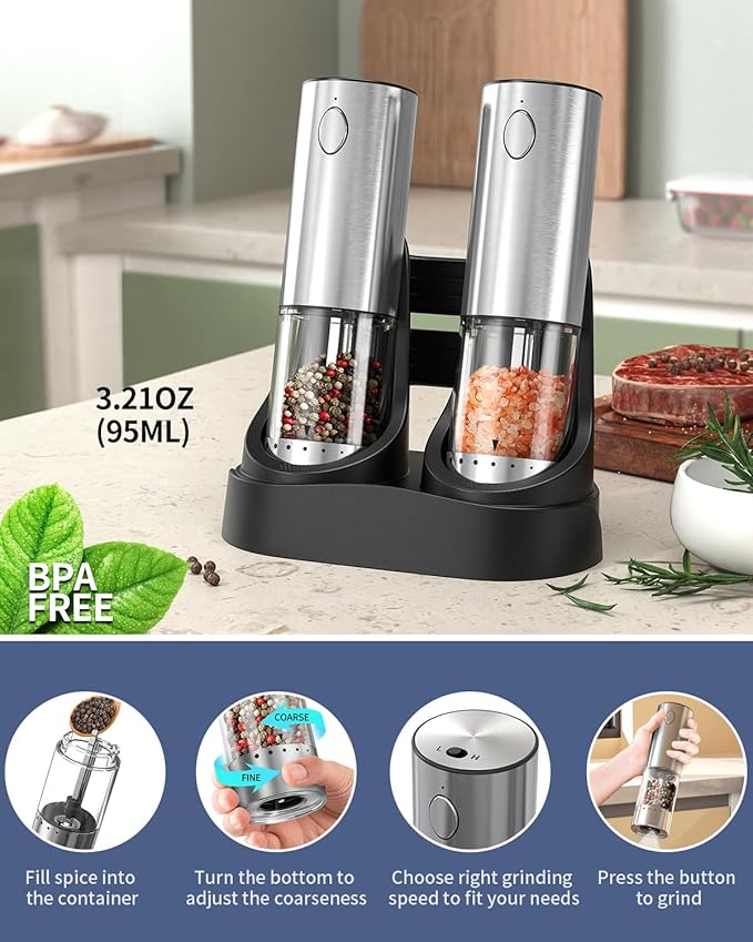 CIRCLE JOY 2-Speed Electric Salt and Pepper Grinder Set Rechargeable Stainless Steel Pepper Mills with Charging Base, LED Light and External Adjustable Coarseness for Hygienic Easy Use
