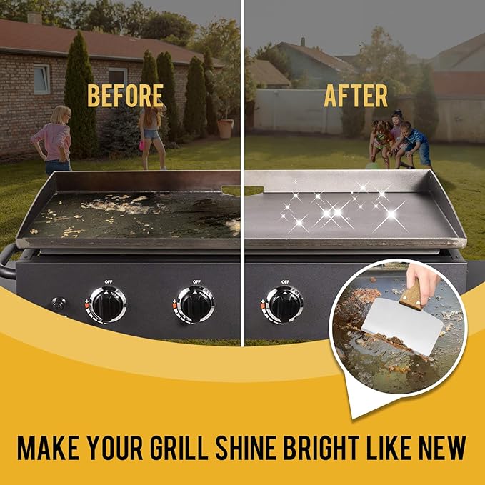 Heavy Duty Stainless Steel Grill Scraper – 5" Natural Wooden Ergonomic Handle, Multifunctional Durable Griddle Cleaner Tool for Blackstone Grill, Outdoor BBQ and Kitchen Use