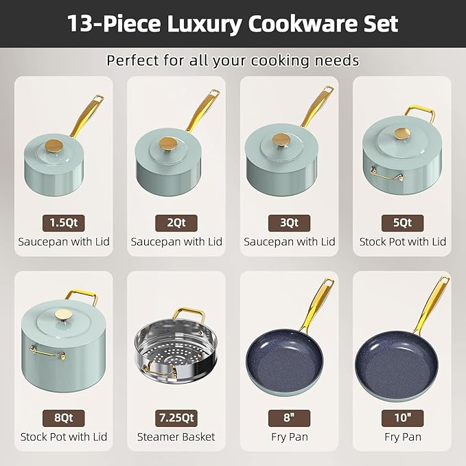 Nuwave Lux LE 13-Pc Cookware Set with Elegant Gold Handle, Diamond Infused Ceramic Non-Stick, PFAS Free, Premium Metal Lids, Ergonomic Stay-Cool Handles, Induction Ready & Compatible w/All Cooktops