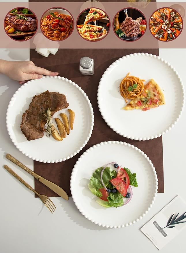 OMAYKEY 10.5" Ceramic Dinner Plates Set of 8, Catering Round Dining Plates, Large Salad Plate, White Porcelain Kitchen Plate for Pizza, Steak, Microwave and Dishwasher Safe