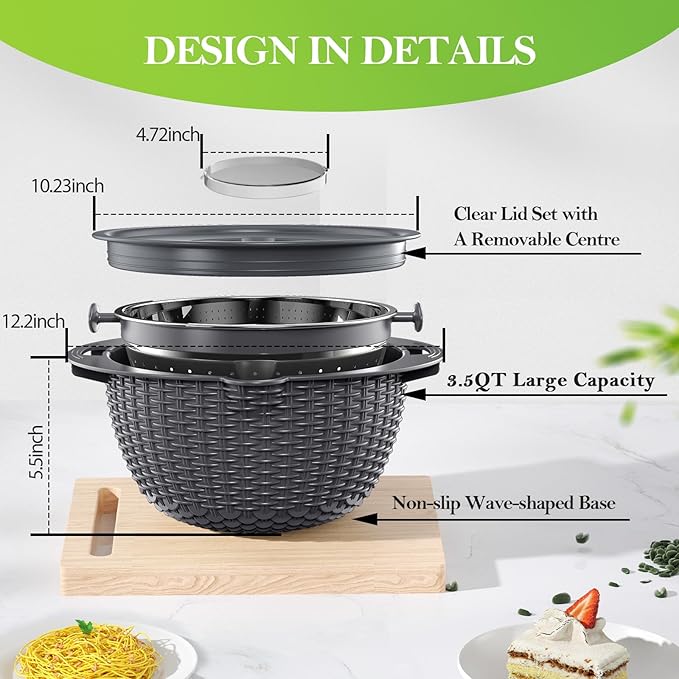 4-1 Colander with Bowl Set - Colander for Kitchen - Strainers and Colanders - Pasta Strainer - Funny Presents for Women - Fruit Cleaner Veggie Wash Kitchen Essentials, Grey