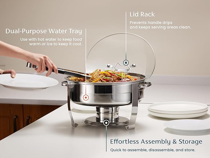 Chafing Dish for Buffet Set, by Kook, Chafing Buffet, Buffet Warmer Tray, Round, Stainless Steel with Glass Viewing Lid and Built-in Lid Holder, for Parties, Dinners and Catering, 4.5 Qt, Set of 3