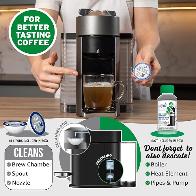 Caffenu Cleaning Pods Compatible with Nespresso Vertuo. 4 Cleaner Capsules. For Improved Coffee Flavor and Crisp Coffee. Use with Descaling Kit