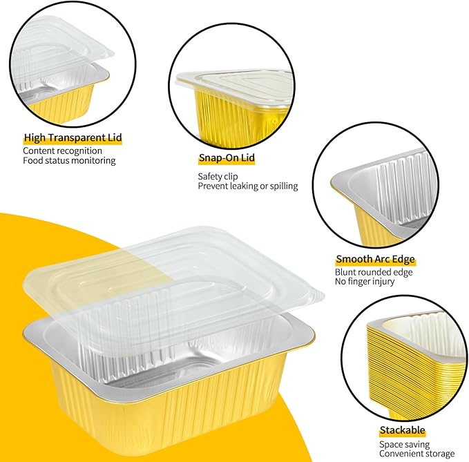 40 Pack 3 LB Gold Aluminum Foil Pans with Lids Heavy Duty (8.7"×6.5"×2.4") Foil Food Containers with Lids, 50oz Tin Foil Pans with Lids for Baking, Meal Prep, Freezer, Heating and Takeout