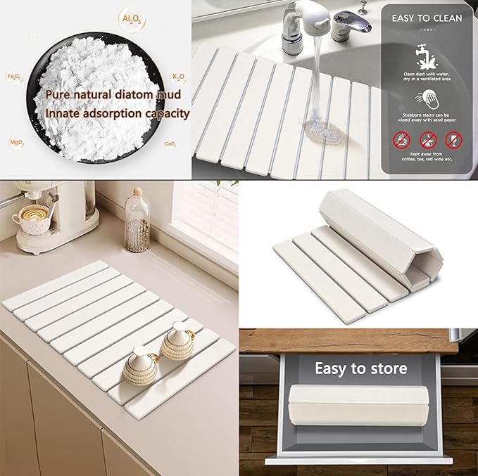 Stone Drying Mat for Kitchen Counter, Stone Dish Drying Mat Foldable, Super Absorbent Diatomaceous Earth Quick-drying Draining Mat for any Kitchen Countertop (White B, 23.6”x15.4”)
