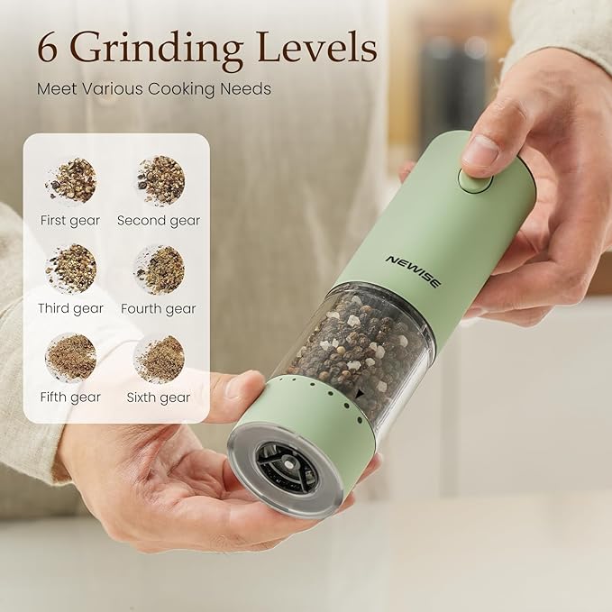Electric Salt and Pepper Grinder Set Rechargeable with LED Lights, Automatic Pepper & Salt Mill, Adjustable Coarseness, Large Capacity, Green