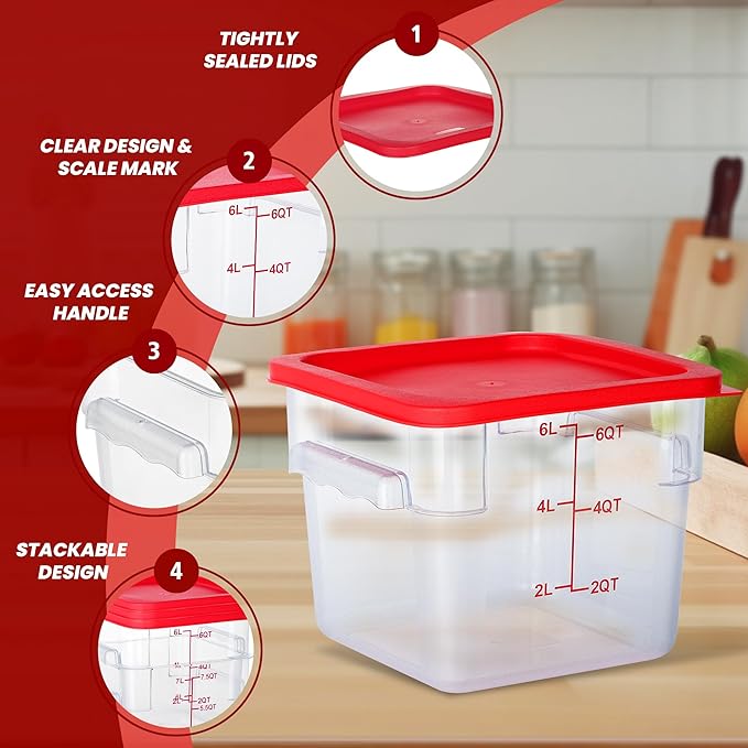 4 Pack 6 Quart Food Storage Containers with Lids, Polycarbonate Square Commercial Food Containers, NSF, Clear, New Version