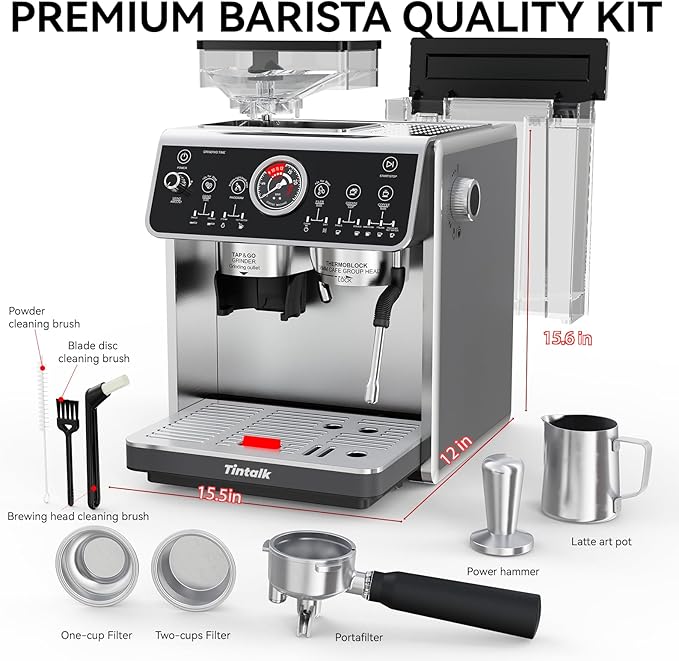 TEM650 Espresso Machine,Coffee Maker 20 Bar High Press Extraction- with 15 Grind Setting & Dual Heating System, 2.7L Detachable Wanter Tank, Separate Hot Water Spout- Cup Warmer Function