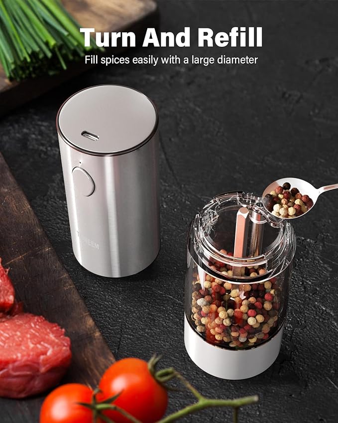 TOMEEM Upgraded Larger Capacity Electric Salt and Pepper Grinder Set Rechargeable with LED lights, Stainless Steel Automatic Pepper and Salt Grinder Refillable with 5 Adjustable Coarseness Gray