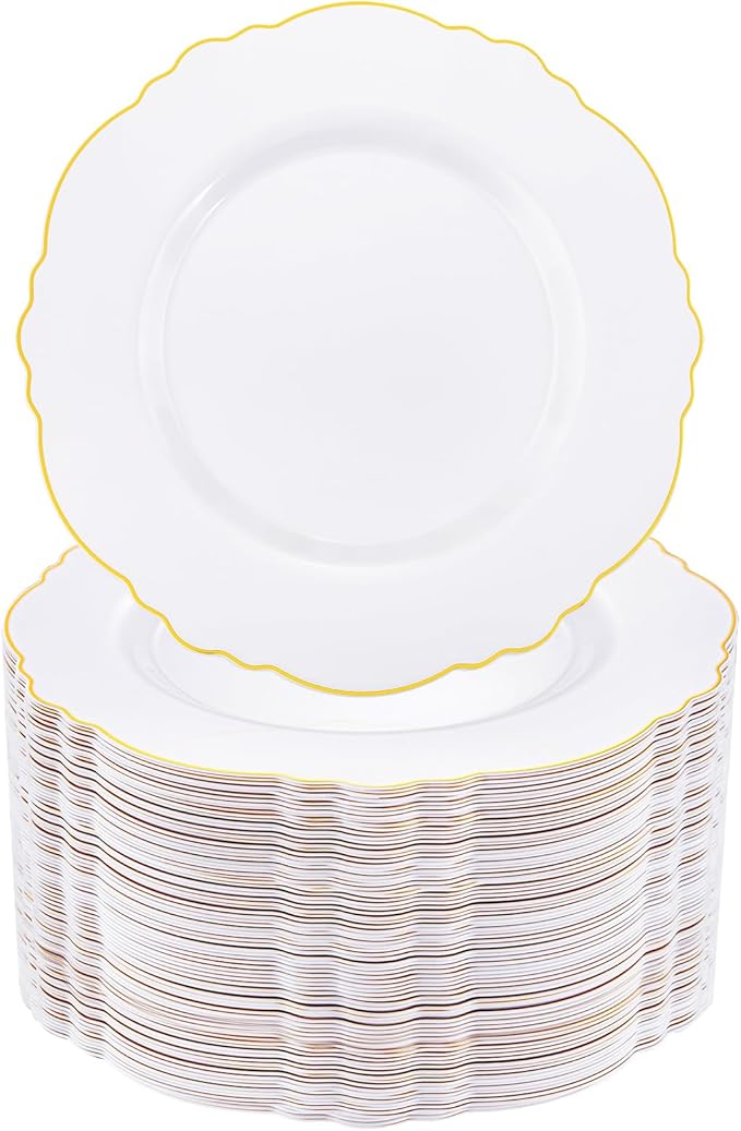 WDF 60pcs Gold Plastic Dinner Plates -10.25inch Baroque White and Gold Wedding Plates Fancy Heavy Duty Fall Plastic Plates for Upscale Thanksgiving Parties & Wedding & Birthday
