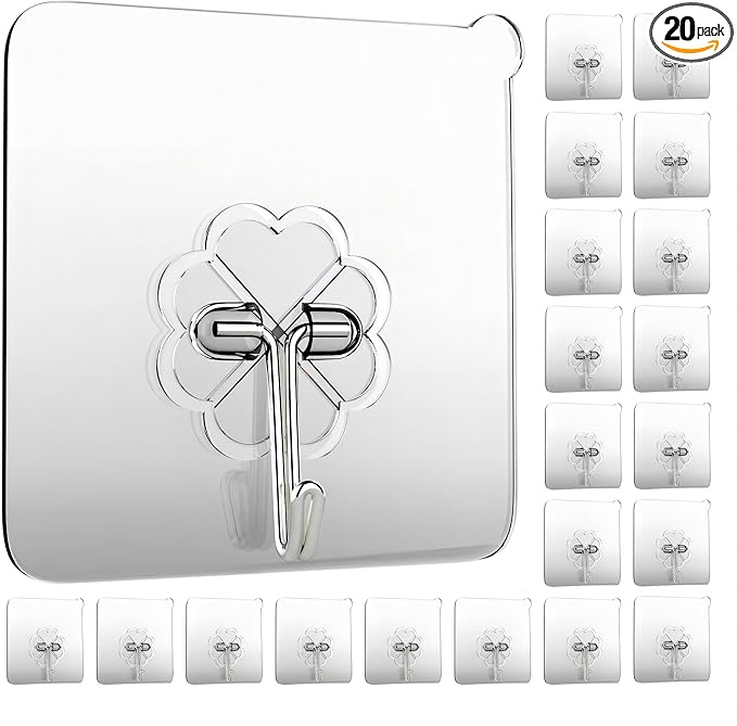 Wall Hooks 33lb(MAX) Heavy Duty Self Adhesive Hooks 20 Pack,Waterproof and Oilproof,Transparent Seamless Strong,Suitable for Bathroom Kitchen
