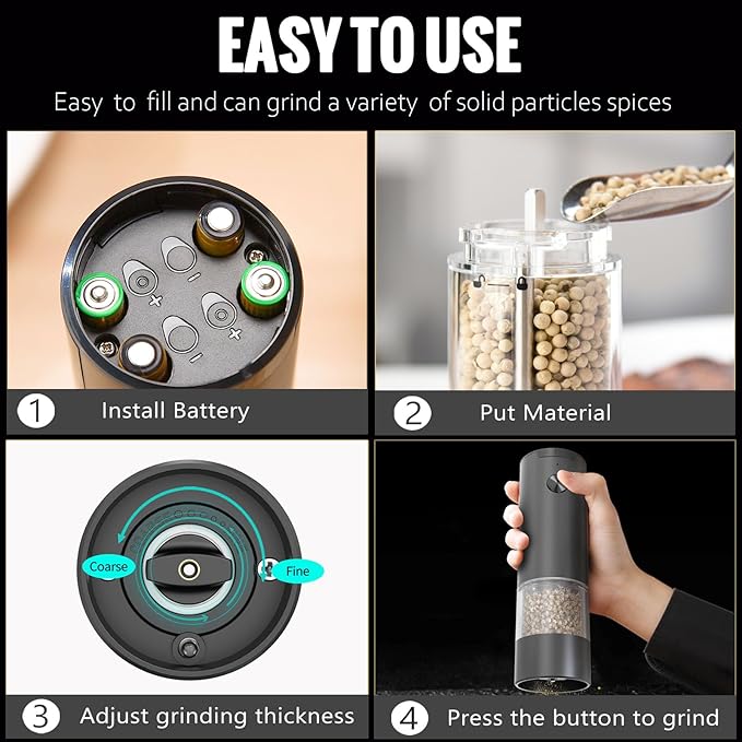 Electric Pepper Grinder or Salt Mill, Battery Operated Automatic Pepper Mill with LED Light, One-handed Operation Button Control, Adjustable Coarseness, Refillable, 70ml, Black (1 Pack)