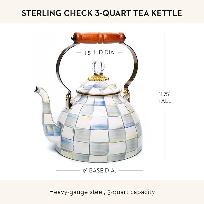 MACKENZIE-CHILDS Enamel Tea Kettle, Stylish Tea Kettle for Stovetop, Grey-and-White Sterling Check, 3 Quarts