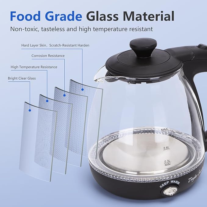 Taylor Swoden Electric Kettle with Tea Infuser, 1L Small Electric Tea Kettle with Keep Warm, LED Light Hot Water Boiler & Heater for Coffee & Teas, Auto Shut-Off & Boil Dry Protection, BPA Free, Black