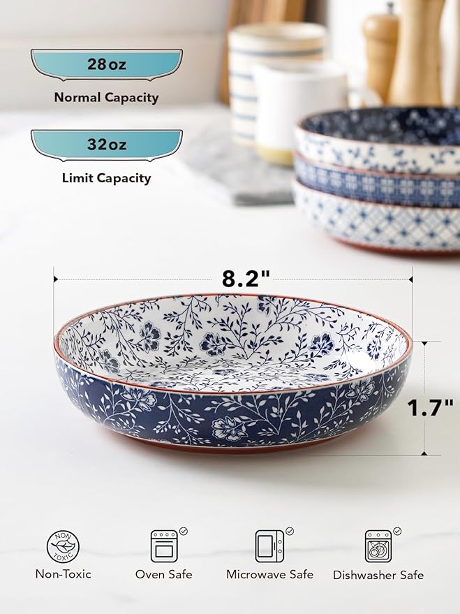 LE TAUCI Pasta Bowl 32 oz, Ceramic Salad Bowl, Japanese-Style Plate Bowls for Serving Pasta, Fruits, Salad, Noodle, Dinner, Soup, Mircrowave Oven Dishwasher Safe - 8.2 Inch, Set of 4, Vintage Blue