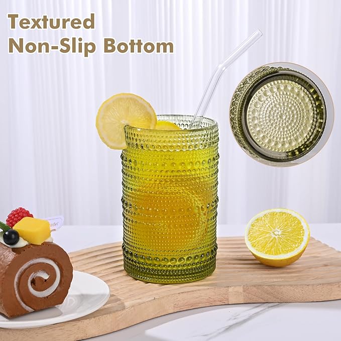 Vintage Hobnail Drinking Glasses Set of 8,Green 12 oz & 15oz Highball Glass Cups, Kitchen Drinkware Glassware,Embossed Water Tumbler,for Beer,Cocktail,Whiskey,Juice and Various Mixed Drinks