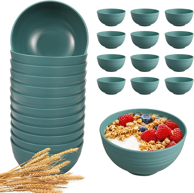 12 Pcs Unbreakable Cereal Bowls Set, 26 Oz Wheat Straw Bowls Set, Microwave & Dishwasher Safe Bowls for Kitchen, Reusable Plastic Bowls for Soup, Salad and Snack, BPA Free, Dark Green